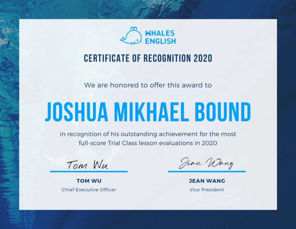 Whales English Recognition Award